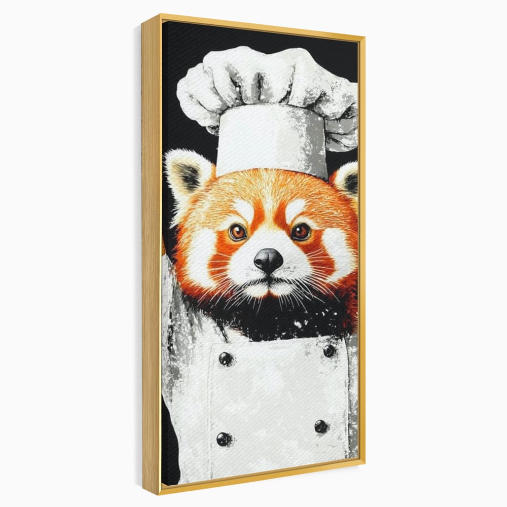 Tablou canvas cu tablou canvas cu panda rosu bucatar, in rama de aluminiu auriu